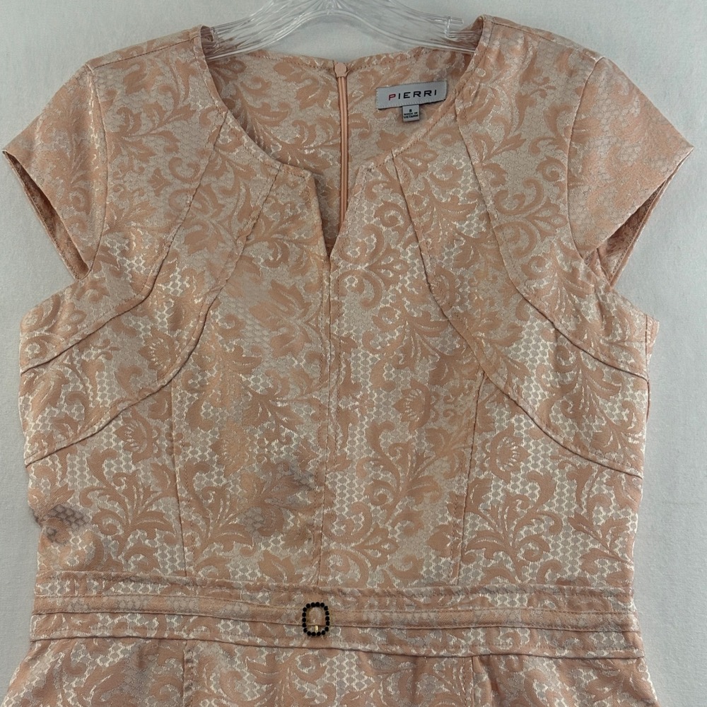 Pierri Sheath Dress Women 8 Rose Gold Floral Brocade Metallic Cap Sleeve Knee